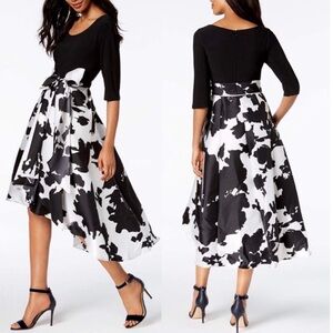 R & M Richards Black & White Dress with High/Low Hem & 3/4 sleeves, Size 14.